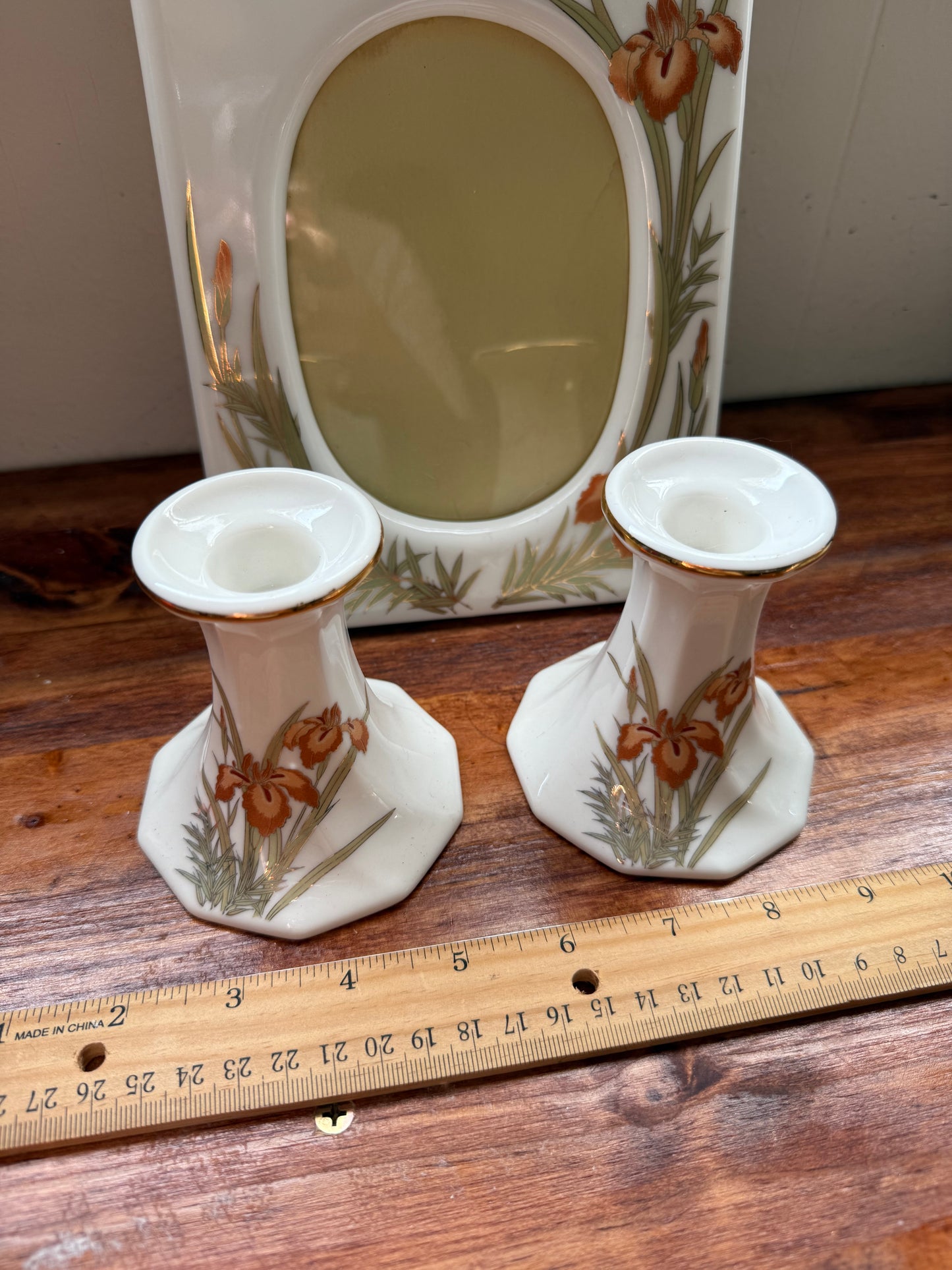 Vtg. Japanese Iris Bone China frame & 2 candlestick holder set