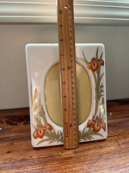 Vtg. Japanese Iris Bone China frame & 2 candlestick holder set