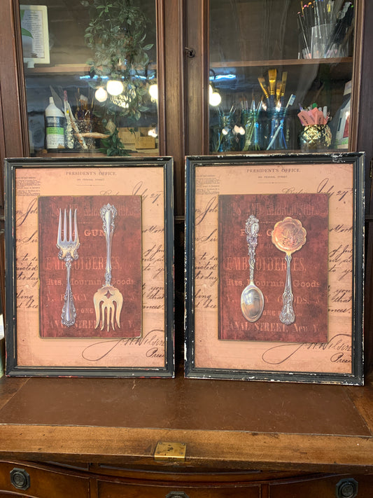 Distressed framed silverware pictures