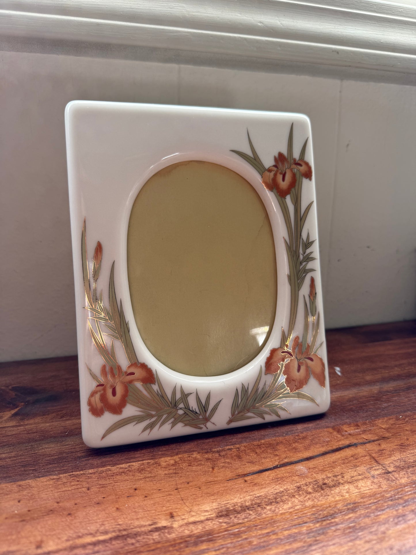 Vtg. Japanese Iris Bone China frame & 2 candlestick holder set