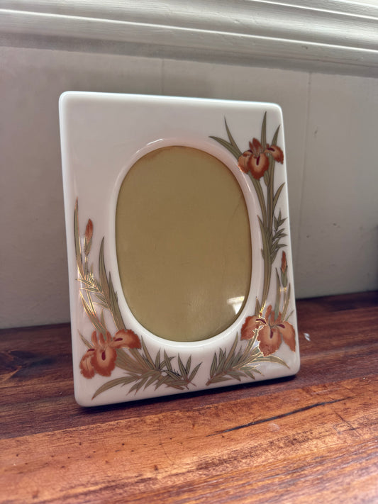 Vtg. Japanese Iris Bone China frame & 2 candlestick holder set