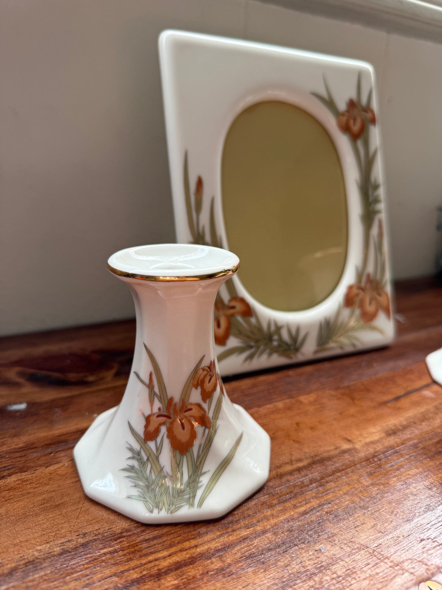 Vtg. Japanese Iris Bone China frame & 2 candlestick holder set