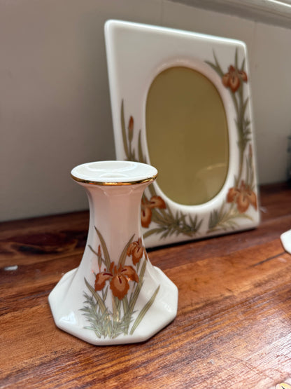 Vtg. Japanese Iris Bone China frame & 2 candlestick holder set