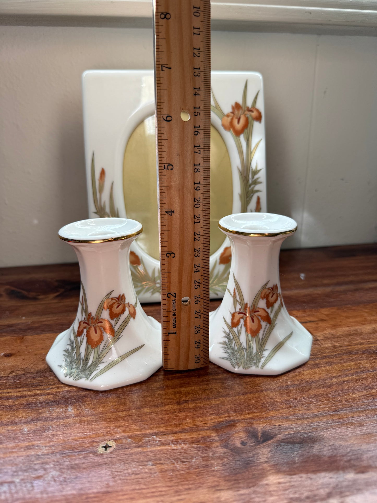 Vtg. Japanese Iris Bone China frame & 2 candlestick holder set