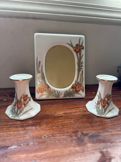Vtg. Japanese Iris Bone China frame & 2 candlestick holder set