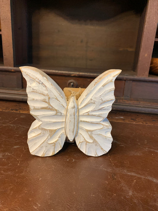 Butterfly distressed white wood. Size 5.5”x5.5””1.75”